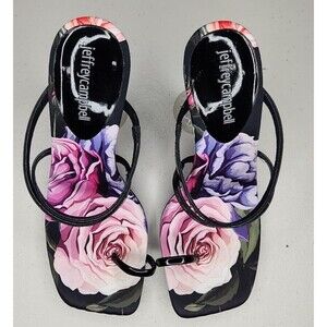 Jeffrey Campbell Black Strappy Heels with Pink & Purple Floral Insole